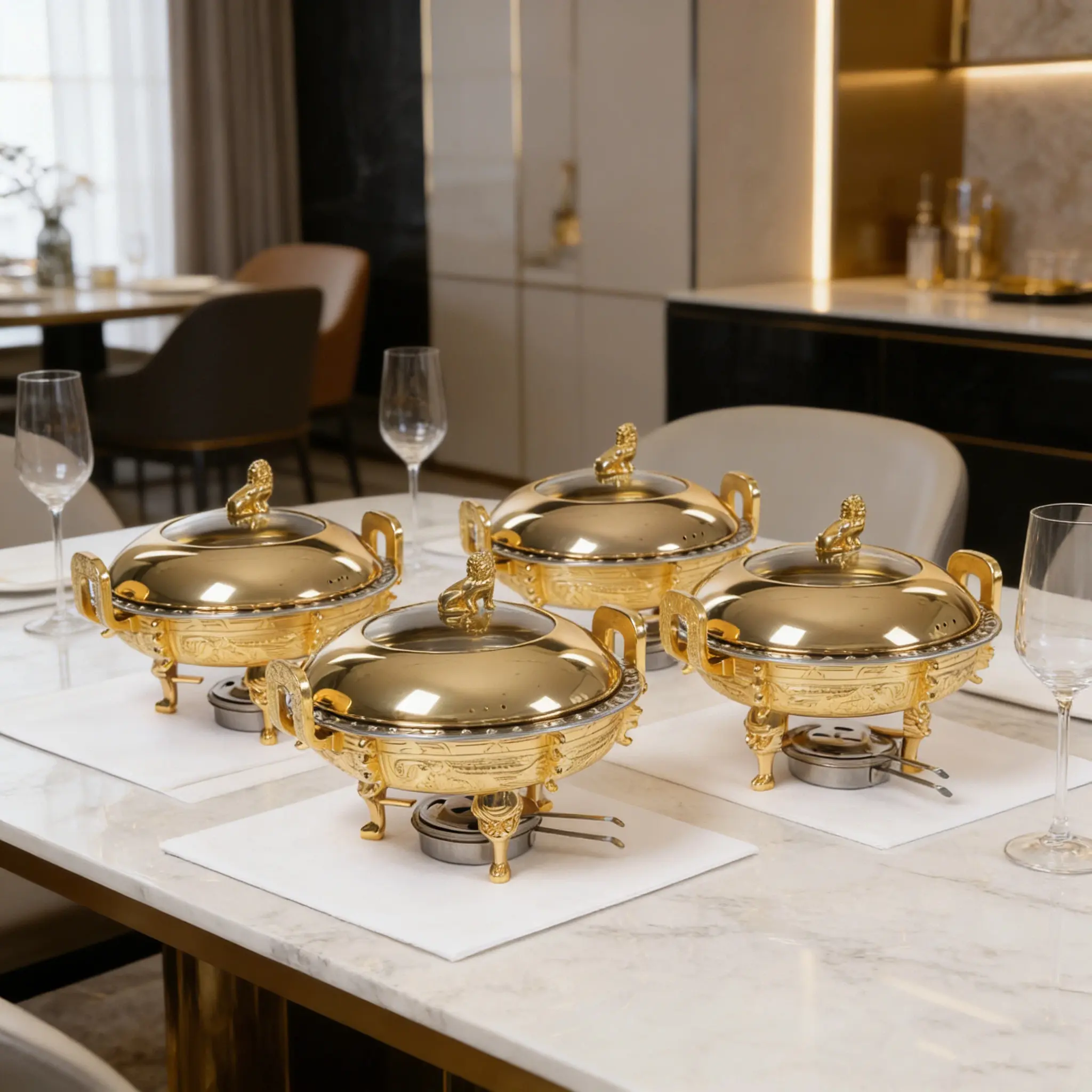 CNCEST 8.7" Classic Palatial Style Gold Tripod Chafing Dishes (Set of 4) - Dinnerware Sets with Alcohol Stoves, Tableware Dinner Plates, Dishwasher Safe for Party, Catering Use