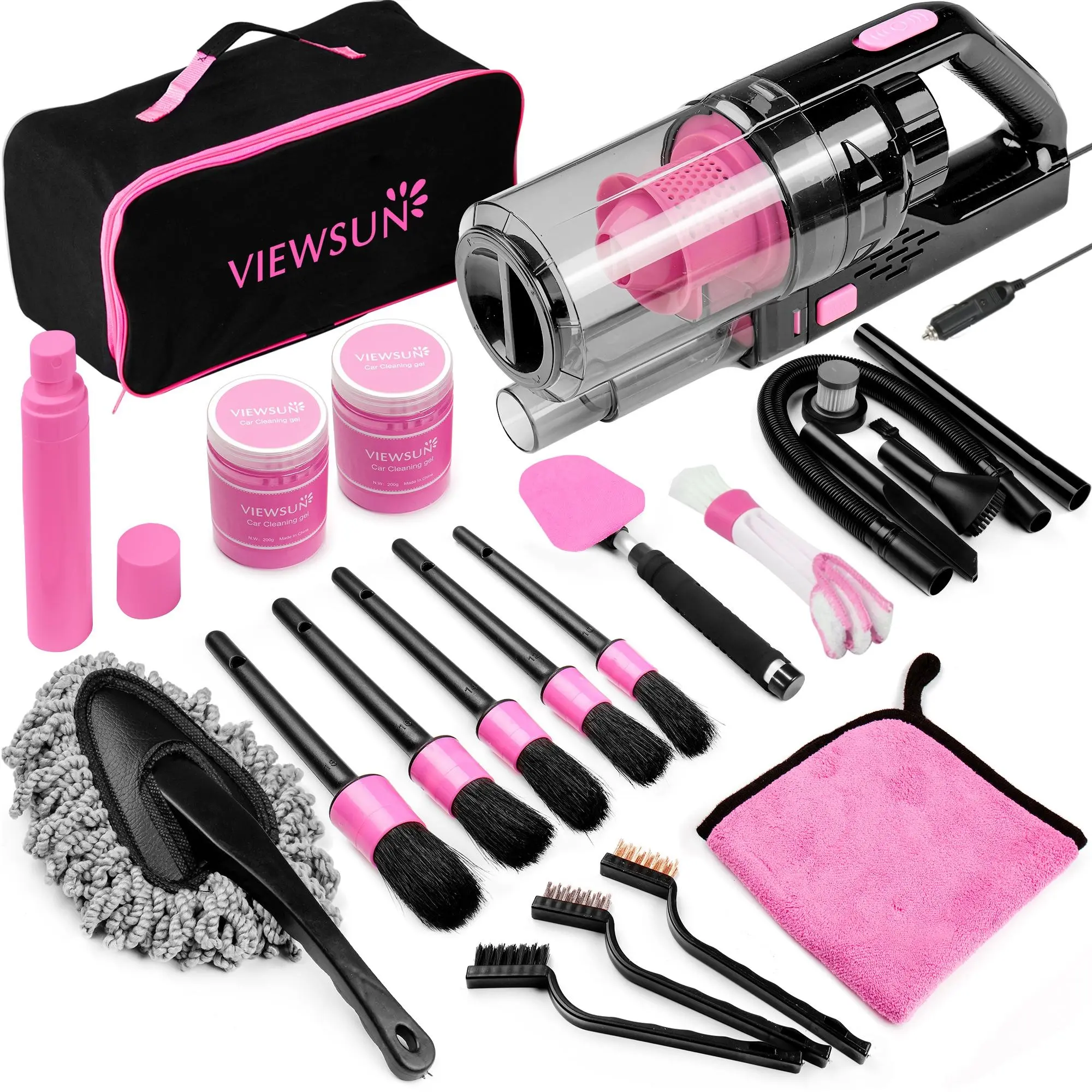 【TikTokShopBackToSchool】Viewsun 17pcs Car Cleaning Kit, Pink Car Interior Detailing Kit with High Power Handheld Vacuum, Detailing Brush Set, Windshield Cleaner, Cleaning Gel, Complete Auto Accessories for Women Gift,Summervibes