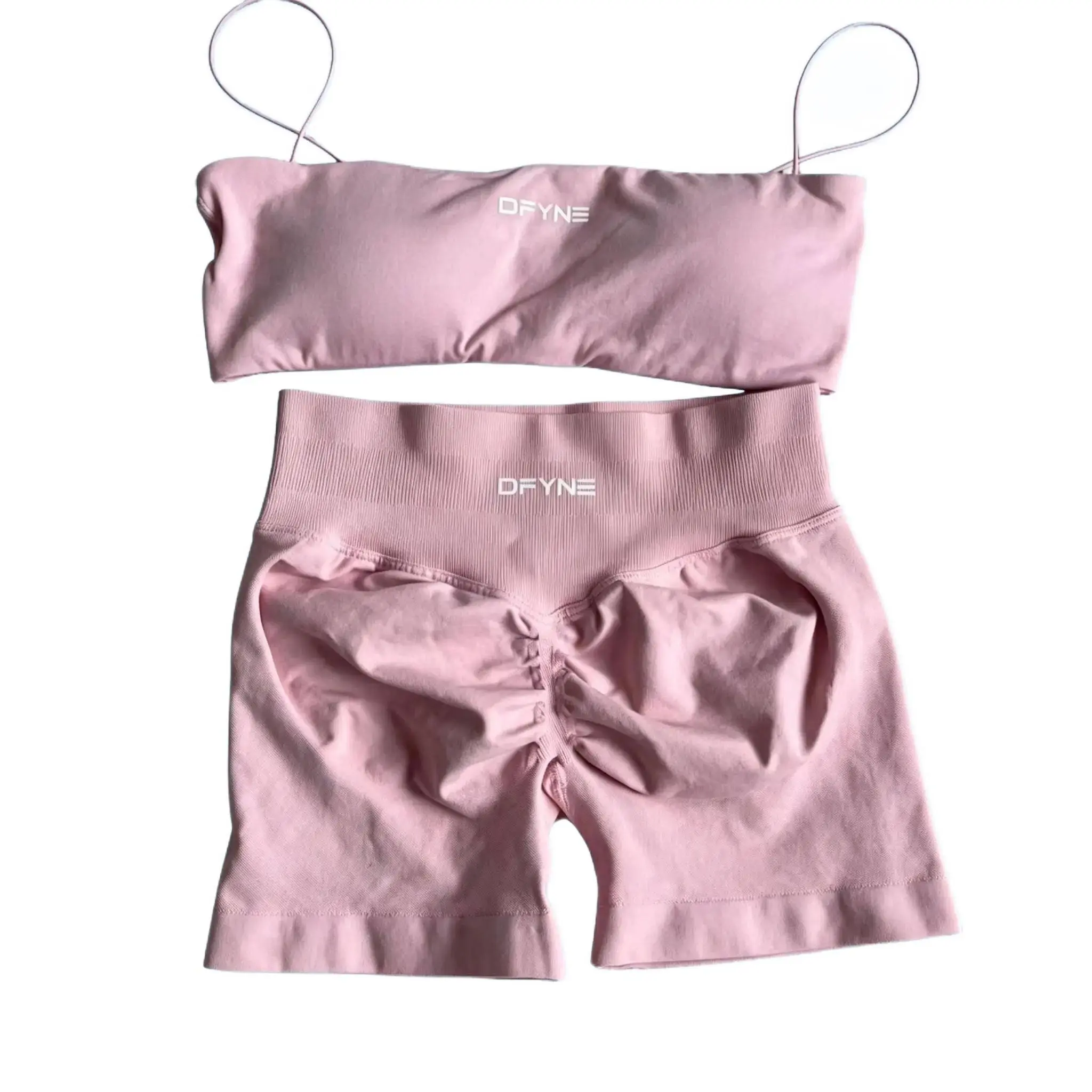 DFYNE Women's Seamless Knit 2-Piece Workout Set - High Elastic Snug Contour Crop Top (Spaghetti Strap Bandeau) & High Waisted Scrunch Butt Lifting Shorts, Crop Tops, Two-Pieces