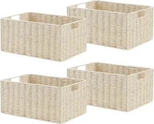 Beige Wicker Storage Baskets Set of 4, Foldable Paper Rope Organizer Bins with Handles for Shelves, Toilet Paper, Towels, Living Room and Home Decor