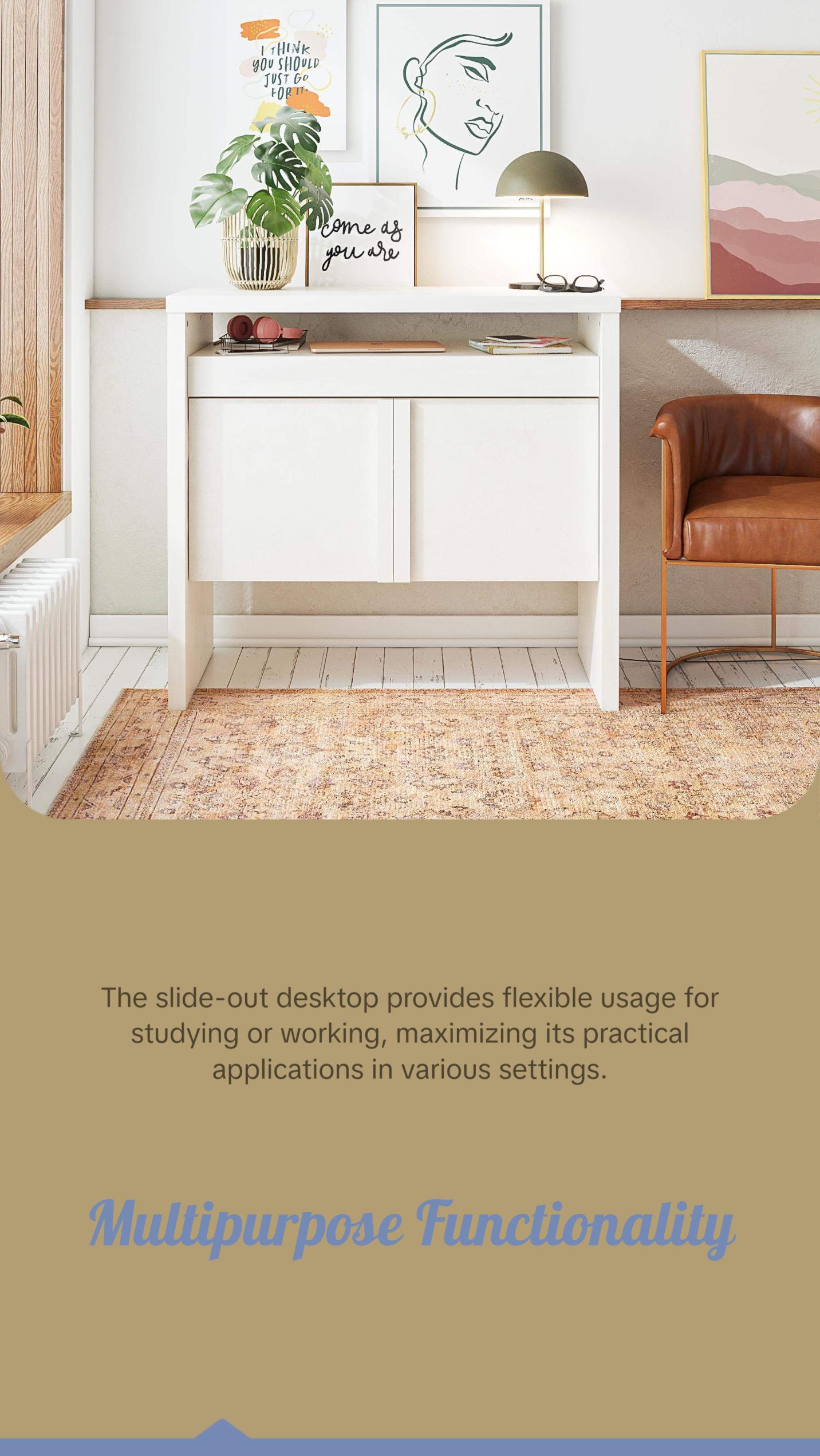 Neely Slide Out Desk by Mr. Kate - Textured White Plaster and Natural Wood Tones - Multipurpose Slide-Out Desktop and Hidden Storage