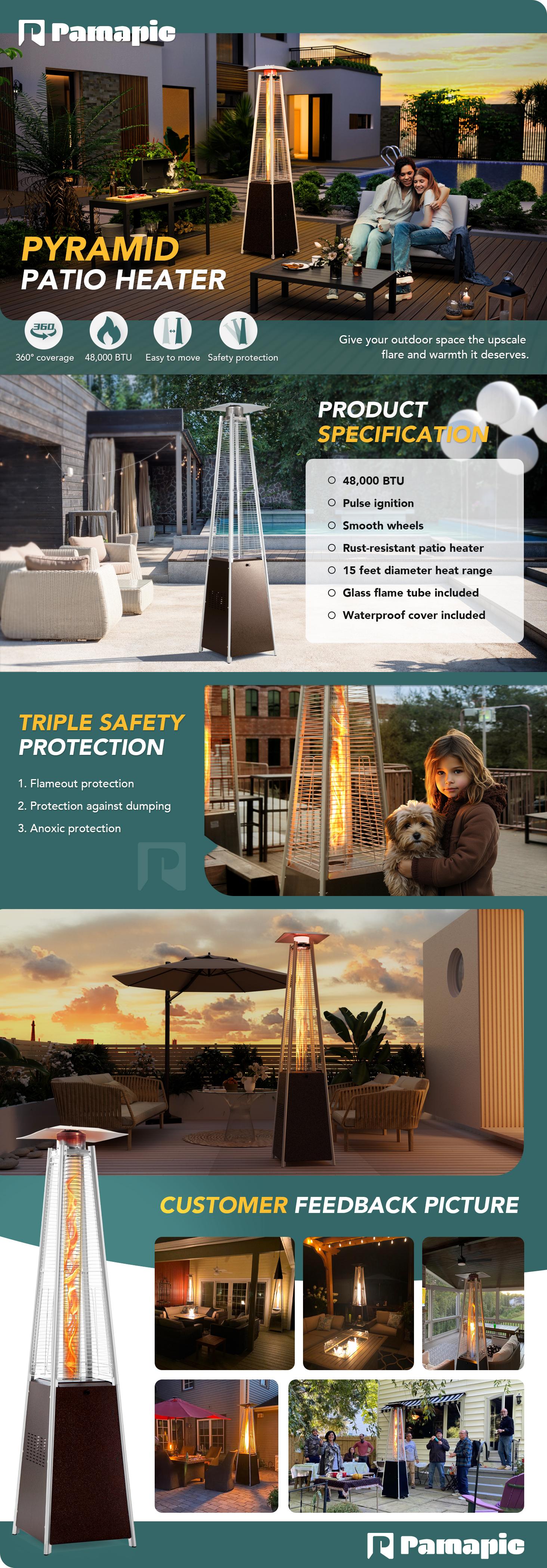 Pamapic Outdoor Patio Heater, 48,000 BTU Pyramid Flame Outdoor Heater with Cover, Quartz Glass Tube Hammered Bronze Tower Propane Outdoor Heater with Wheels Pamapic Outdoor Patio Heater, 48,000 BTU Pyramid Flame Outdoor Heater with Cover, Quartz Glass Tube Hammered Bronze Tower Propane Outdoor Heater with Wheels