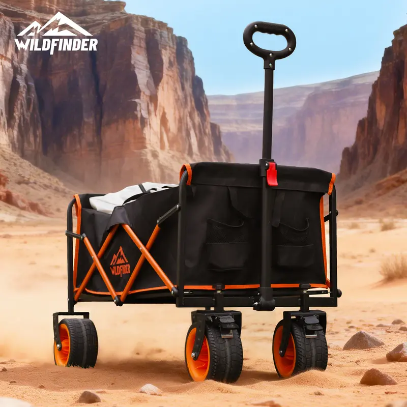Heavy Duty Collapsible Folding Wagon Cart - Reinforced Alloy Steel Frame, 330 Lbs Capacity, Adjustable Swivel Handle, Transport Wheels, Black & Orange Compact Cart with 2 Cup Holders for Camping, Shopping