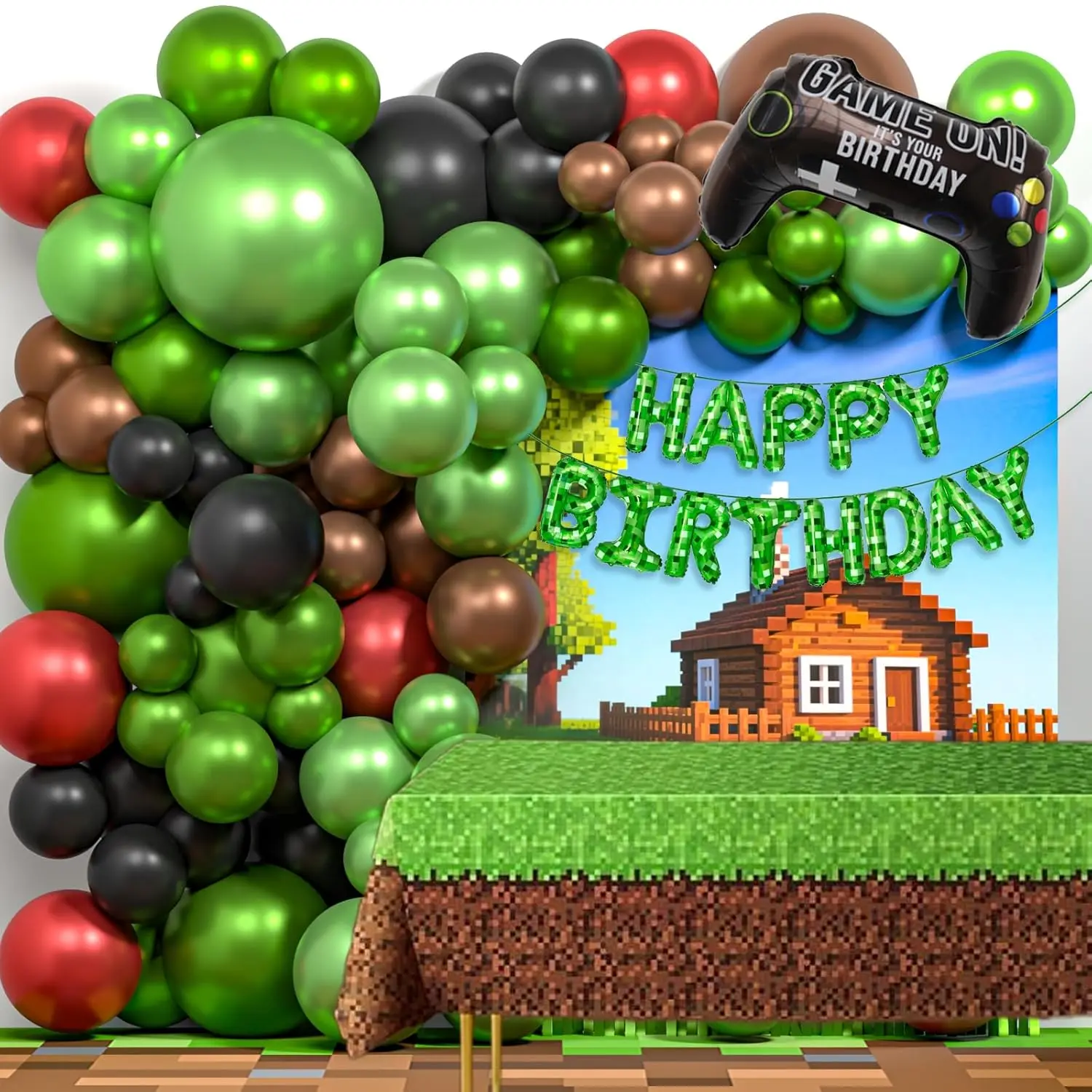 148PCS Pixel Miner Video Game Party Kit with Green & Brown Balloons, Controller Balloon Garland, Banner & Table Cover for Kids' Birthday