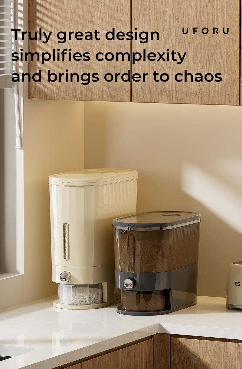 UFORU Plated Press Type Airtight Rice Dispenser 11Lbs/22Lbs Dual Sizes BPA-Free with Measuring Cup Grain Cereal Storage Container for Kitchen Pantry Soybean Corn Dry Food Organization