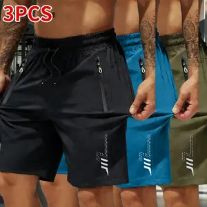 Men’s outdoor casual athletic shorts, solid color with zippered pockets, quick-dry breathable running fitness shorts