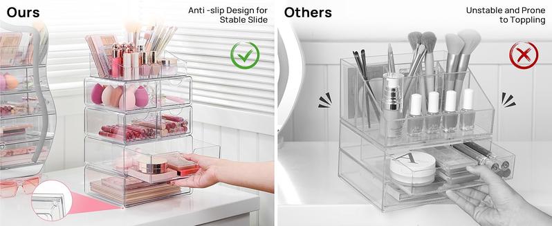 【2 Set】Vtopmart Clear Makeup Organizer with Drawer for Dresser, Countertop & Bathroom Vanity Cosmetic Storage for Lipstick Brush Skincare Organizing Tools Boxes