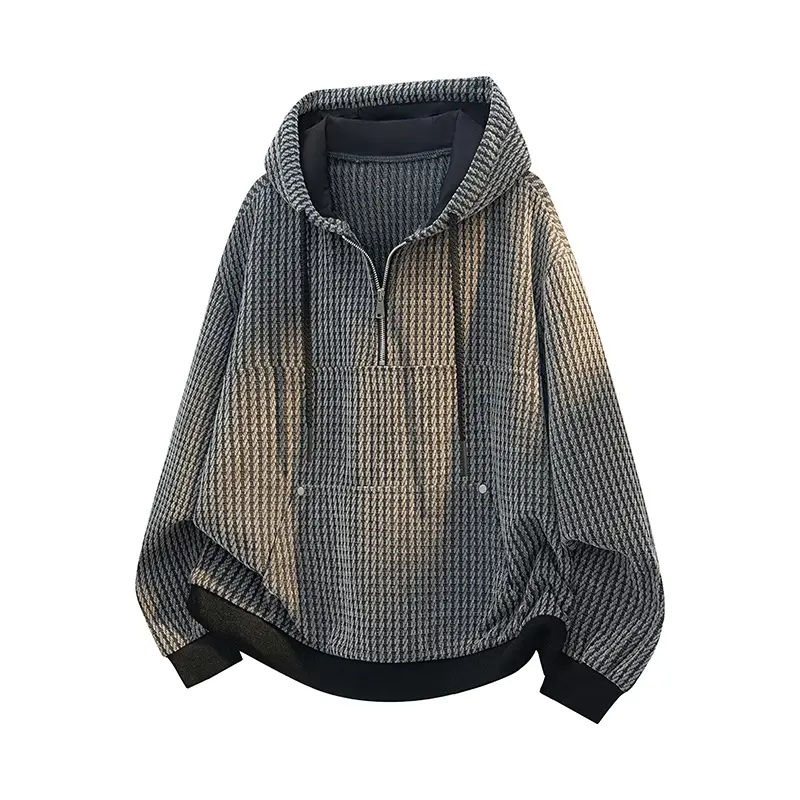 Men's Half-Zip Hoodie - Stylish Menswear Long-Sleeve Polyester Sweatshirt, Loose Retro Waffle Knit, Color-Block Gradient Casual Pullover with Outfit Matching Potential