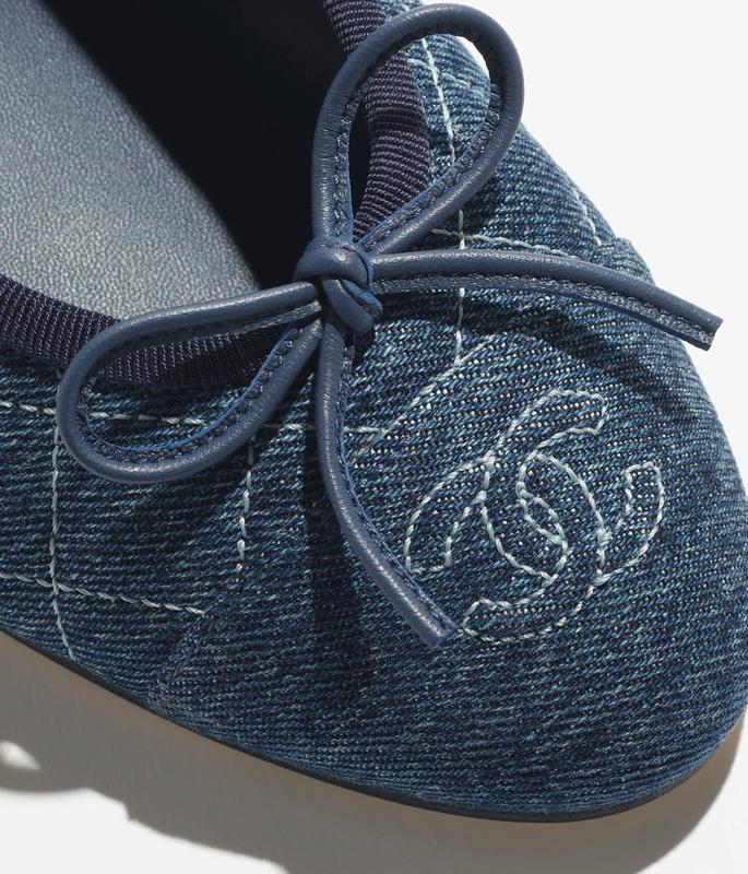 Chanel 26P Washed Denim Blue Quilted CC Logo Bow Tie Ballet Ballerina Flat