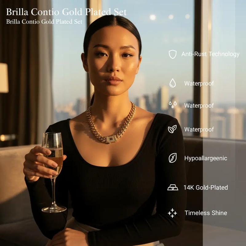 technology anti-rust new Brilla Contio Jewelers 14K Gold-Plated Cuban  new anti-rust technology Bracelet & Necklace Set Waterproof Fade-Proof Hypoallergenic 6-14mm Sizes Timeless Shine for Every Look Valentine's Day gift