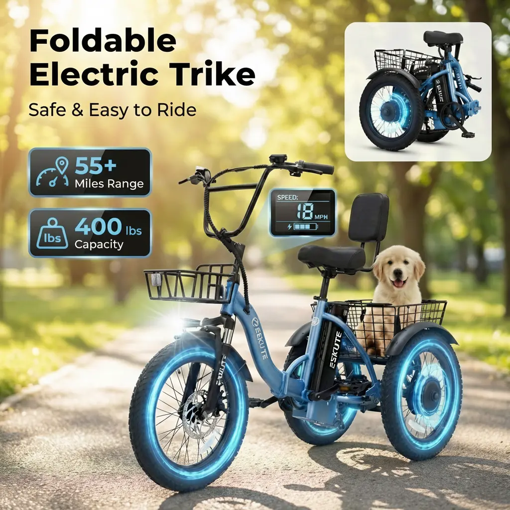 ESKUTE T300 Adult Electric Tricycle Ebike - 48V13Ah Removable Battery, 18*3.0 Tires, 1200W Peak Power, 18 MPH Speed, 55 Mi Range, Foldable Frame, Basket, 3-Wheel Fold Folding Bikes for Sports & Outdoor Use, Ebikes,father'sdaygifts,campingessentials,camp t