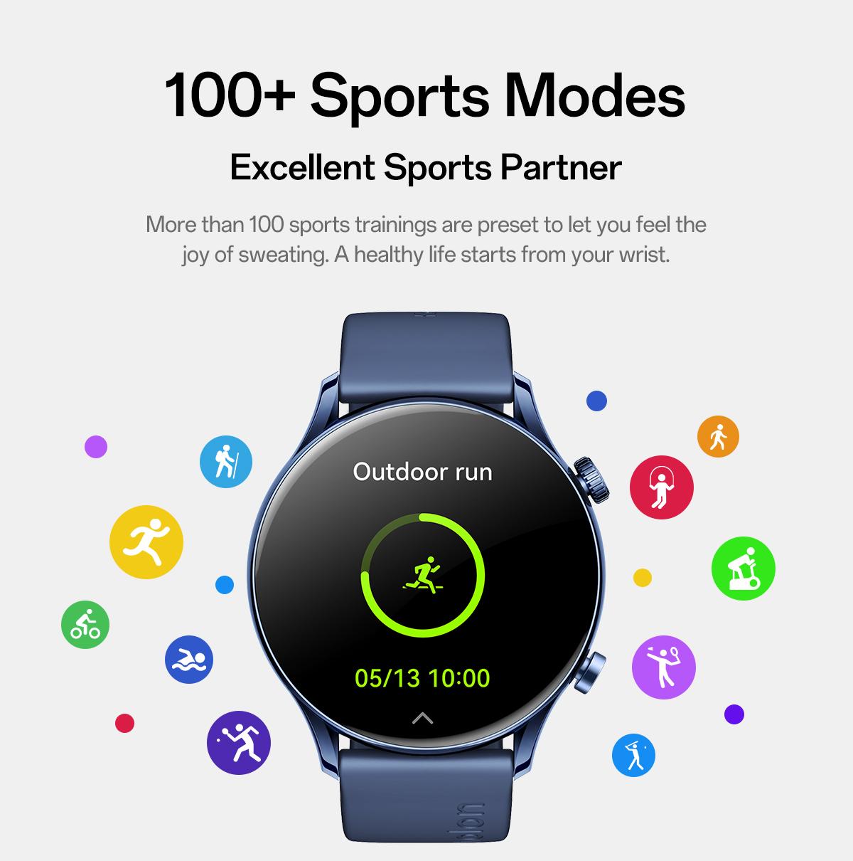 Aolon GTR3 Smartwatch — Stylish Spring Watch, 1.43" AMOLED HD display, AOD, heart rate monitoring, 110+ sports modes, waterproof, and up to 120-hour battery life. Compatible with iOS & Android, multiple colors, USB rechargeable, for Women & Men