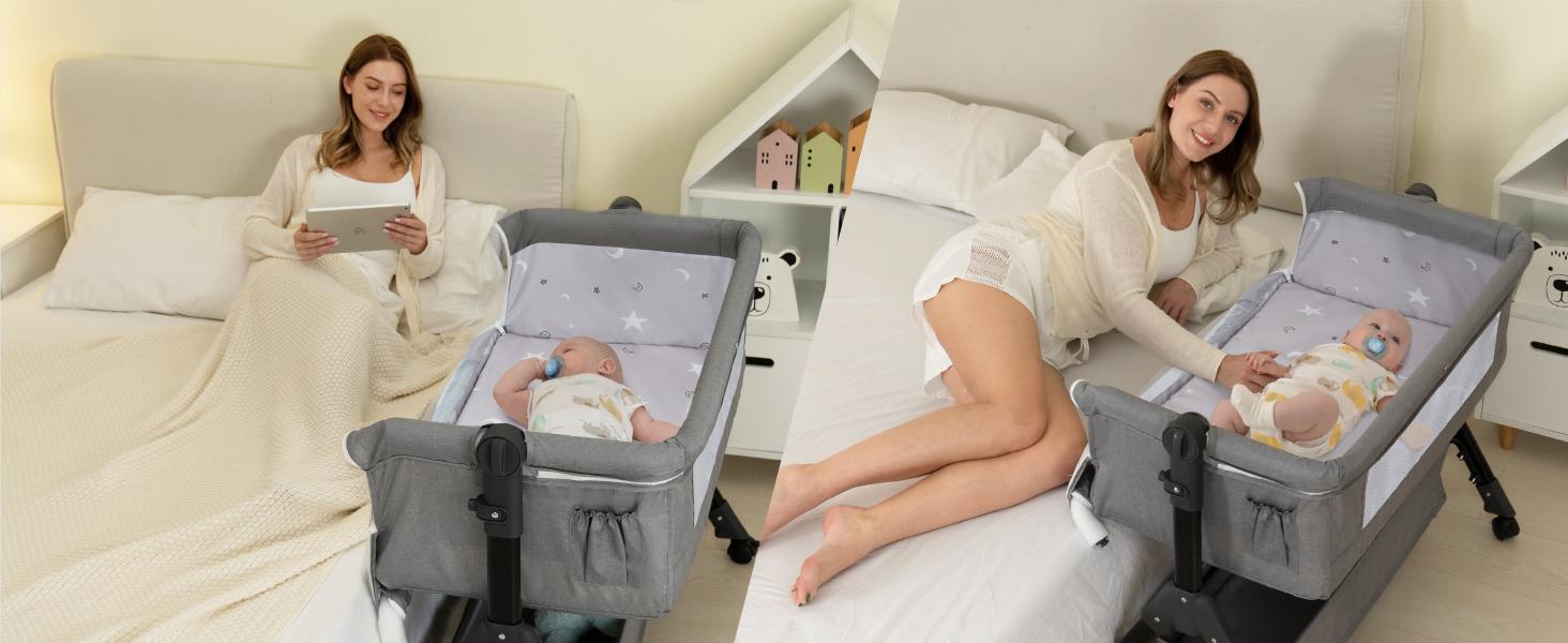 Baby Bassinet Sleeper, 6 Height Adjustable Cribs, Easy to Fold Portable Crib Side Bassinet, Swing Cradle Bed Side Sleeper with Ventilated Net&Wheels Folding Cot Layer Floorbed