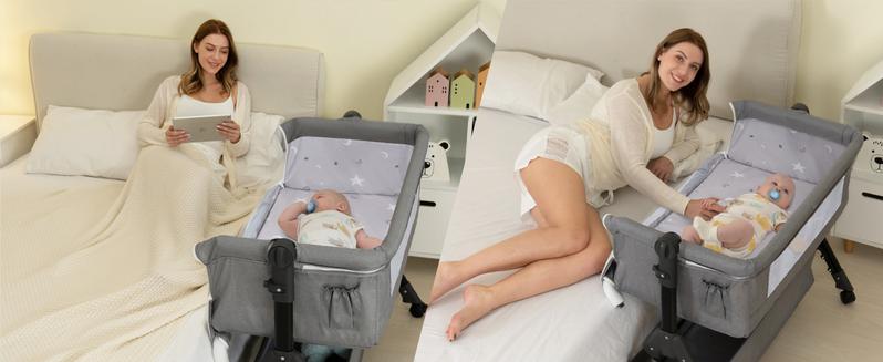 Baby Bassinet Sleeper, 6 Height Adjustable Cribs, Easy to Fold Portable Crib Side Bassinet, Swing Cradle Bed Side Sleeper with Ventilated Net&Wheels Folding Cot Layer Floorbed