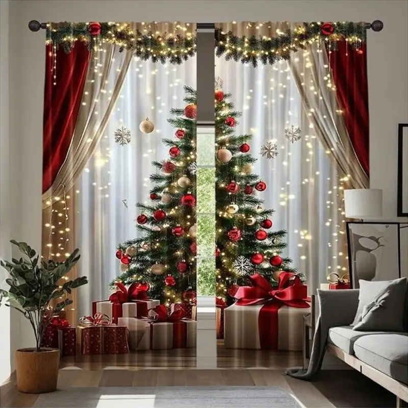 2-Piece, minimalist luxury European Christmas curtains - Holiday red and gold snowflake pattern, translucent rod pocket curtains, suitable for living room and bedroom study home decoration, Christmas Day theme, Christmas decoration, Window Drapes