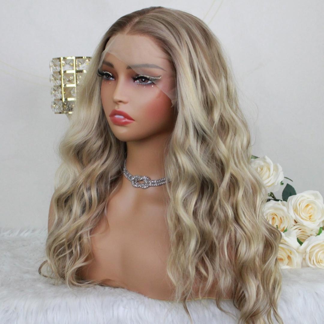 A34 by AISOM Curly Warm Blonde Highlight Free Part Pre Plucked 20inch 13x4 Synthetic Lace Front Wig for Women Tiny Knots Heat Friendly