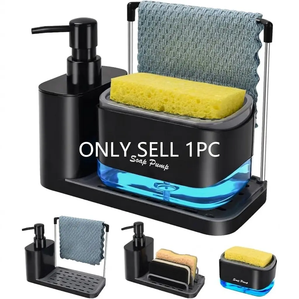 5-in-1 Plastic Kitchen Sink Organizer Set with Dual Soap Dispenser, Sponge Holder, Bathroom Accessory, Dual Soap Pump - Space-Saving Floor-Mounted Design, Includes Hand & Dish Soap Dispensers, Tray & Dishcloth Holder - Phthalate-free