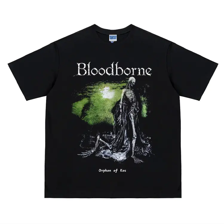 Men’s Bloodborne "The Curse" Oversized Heavyweight Vintage 100% Cotton Crew Neck Graphic T-Shirt, Short-Sleeve, Casual Breathable Design, Men’s Clothes, Anime Game-Inspired Streetwear Top, Black Baggy Orphan of Kos Print, Shortsleeve, Clothing