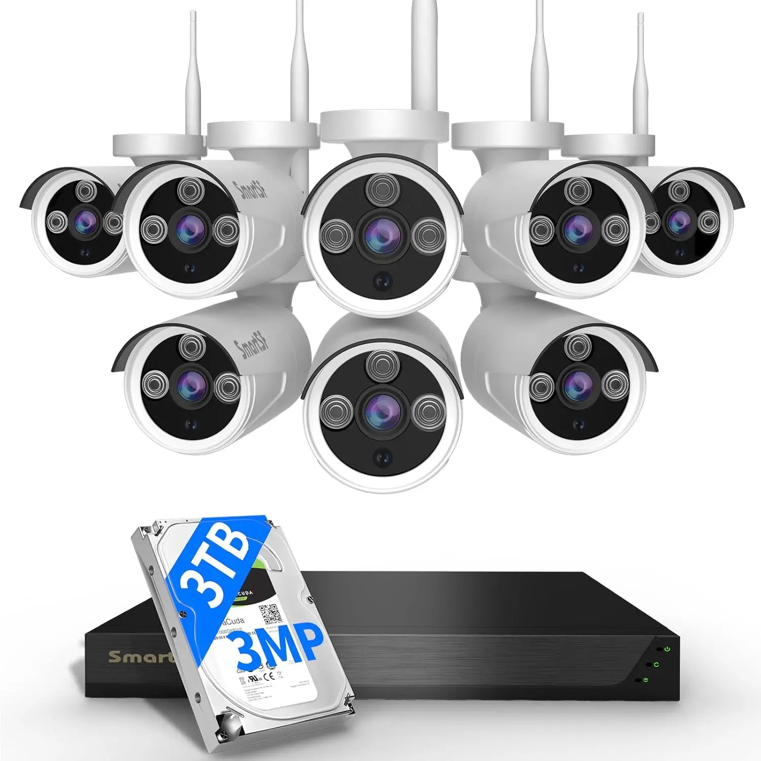 Wireless Security Camera System - 8CH with 4 5MP Plug-and-Play Waterproof Cameras, 3TB HDD, Night Vision, Motion Detection, Remote Recording, Stable Connection, Indoor/Outdoor Video Surveillance, Free App, Water Proof, Monitor