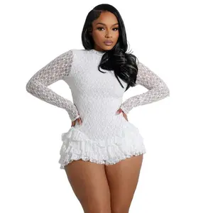 Women's 2025 Sexy White Lace Jumpsuit Long Sleeve Backless Ruffle Hem Romper Pant Set Basic Minimalist Womenswear Overalls