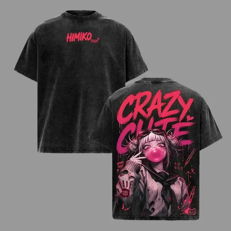 Men's Premium Cotton Relaxed Fit Vintage Acid Wash T-shirt - Front Hot Pink Brush Script "HIMIKO TOGA" Heart Accent, Back Gradient Pink "CRAZY CUTE" Lettering, Bubble Gum Syringe Blood Handprint Villain Graphic, Dark Anime Streetwear, 2xl, 3xl, Cold Wash,