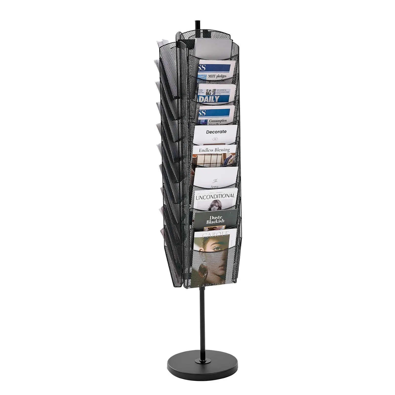 VEVOR Stainless Steel Rotating Brochure Display Rack, 30-Pocket Smooth Mesh Basket Organiser with Compartments, Portable 2 lbs Corrosion Resistant Floor-Standing Alloy Steel Magazine & Newspaper Holder for Shop Exhibitions, Alloy Steel Magazine & Newspape