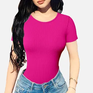OVESPORT Women's Round Neck Bodysuits, Short Sleeved Slim Fit Top Can Be Used As An Inner Layer, Suitable For Different Occasions