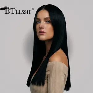【Blend】Natural Black Bone Straight Lace Front Wig PrePlucked Hairline with Tiny Knots Human Hair Blend Glueless Lace Wig 24inch