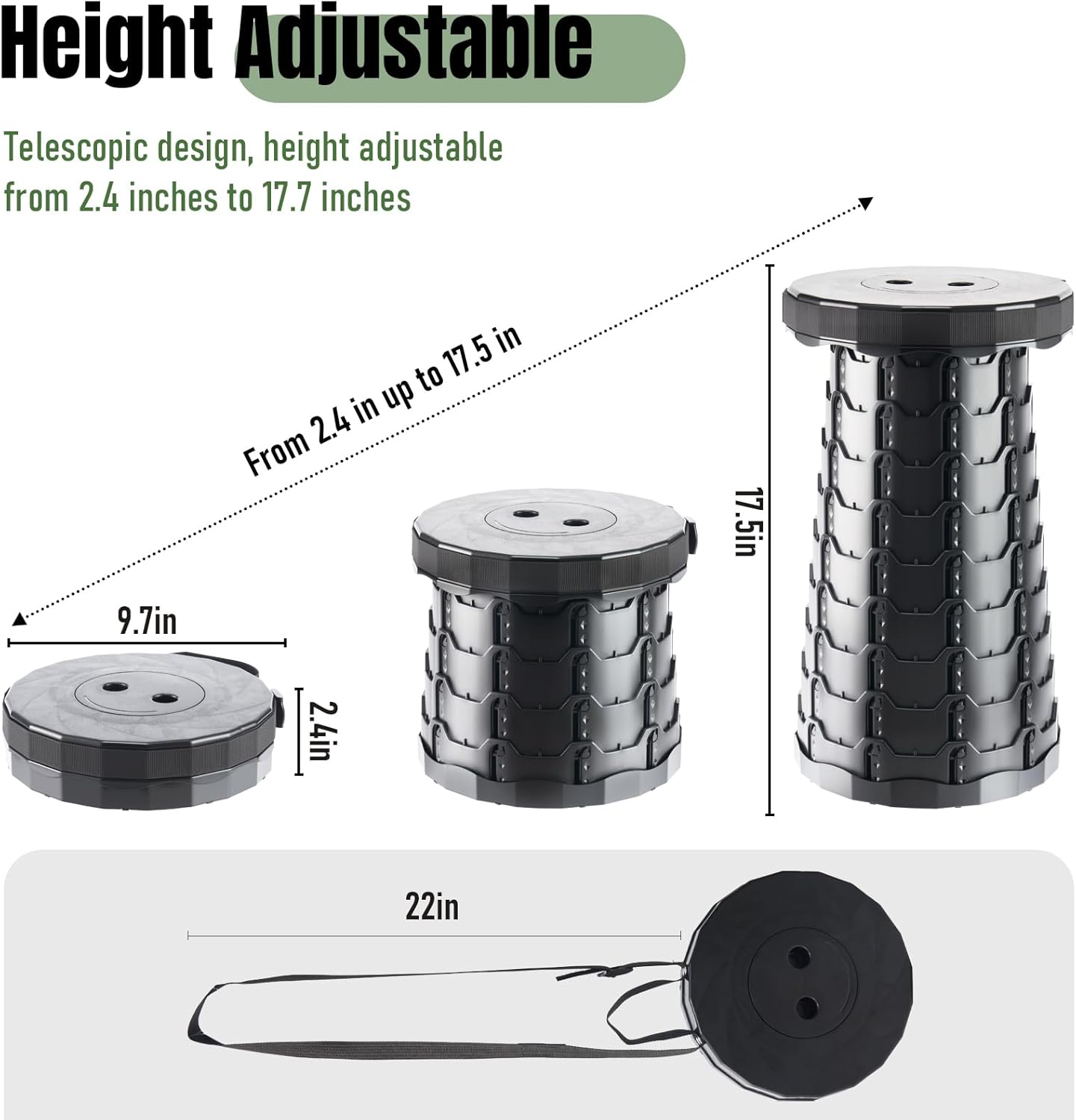 Retractable Folding Stool Upgraded,Portable Lightweight Collapsible Stool Telescoping Chair Seat  Campchair Adjustable Height with Load 400 lbs for Adult Camping Travel Fishing Outdoor Durable Sturdy & Further Reinforced