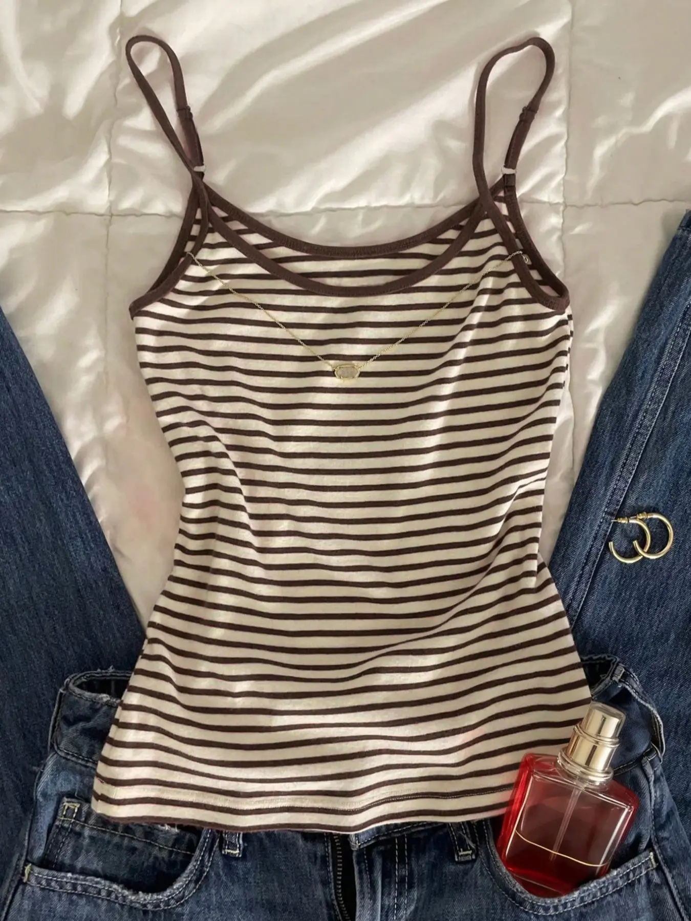Striped Halter Top, Millennial Retro Pure Desire Thin Strap Spaghetti Strap Top, Slim Fit Basic Simple Daily Layering Casual Street Style Women's Short Sleeve Top, Fashion, Aesthetic, Streetwear, Casual Cami, Camisole Tank Tops, Sleeveless Tank Tops