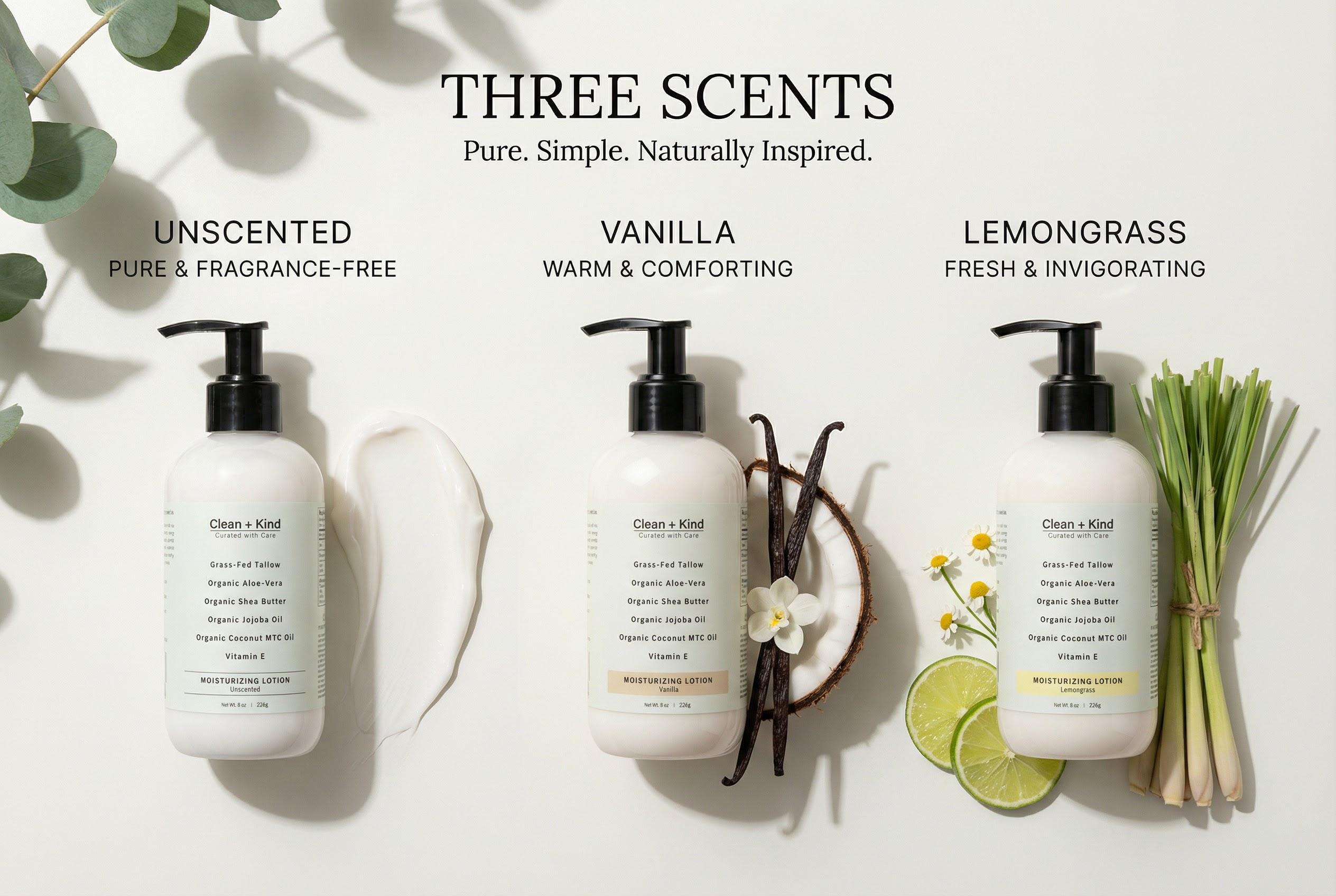 Clean + Kind Unscented Daily Moisturizing Lotion 8 oz | Vanilla, Lemongrass & Unscented | Tallow, Jojoba Oil, Vitamin E, Aloe Vera | Deep Hydration & Skin Barrier Support