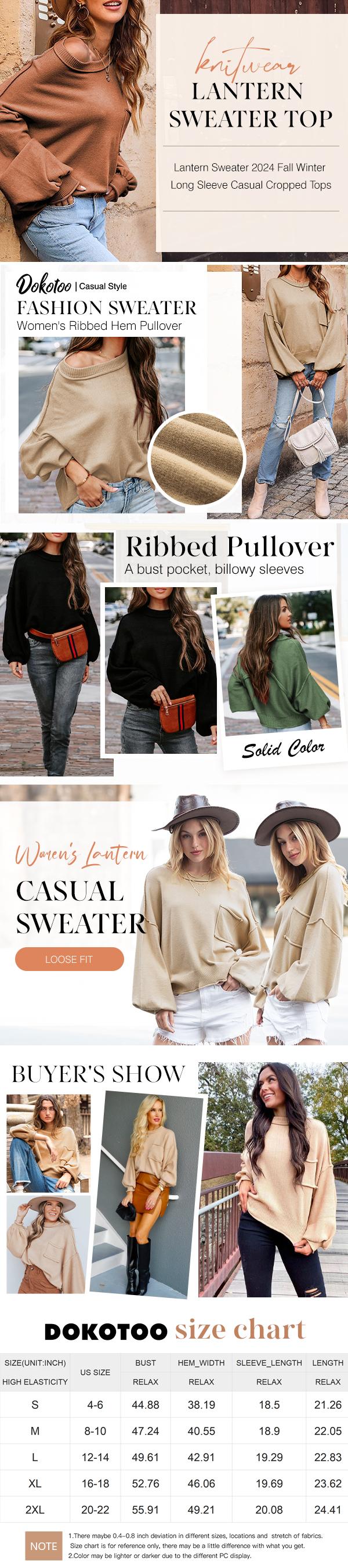 Dokotoo Women's Lantern Sweater 2026 Fall Winter Long Sleeve Casual Tops Ribbed Hem Knitwear Pullover