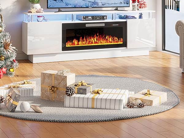 PUKAMI 70" Modern Fireplace TV Stand with 36" Electric Fireplace for TVs Up to 80 inch, Luxury LED Light Entertainment Center with High Gloss Cabinet (White, 70" (8 Acrylic Posts))