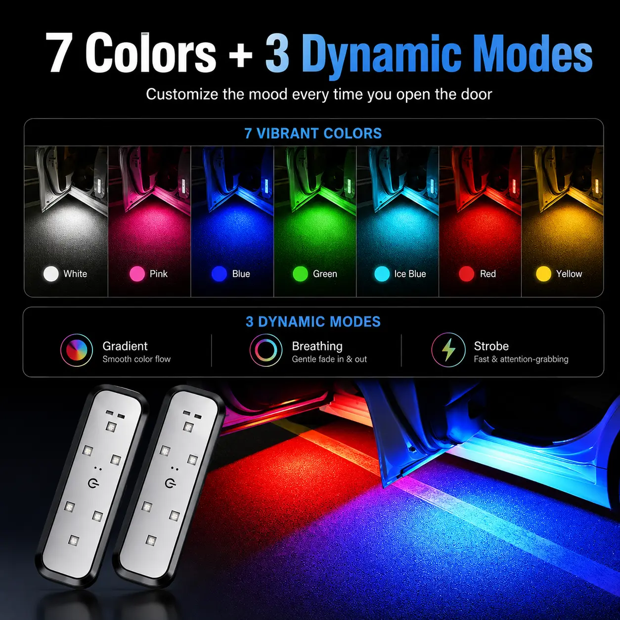 2PCS 6-LED Wireless Car Door Warning Lights, USB-C Rechargeable Magnetic Sensor Lights, Easy-Install Door Open Accent Lights for Cars, SUVs & Trucks