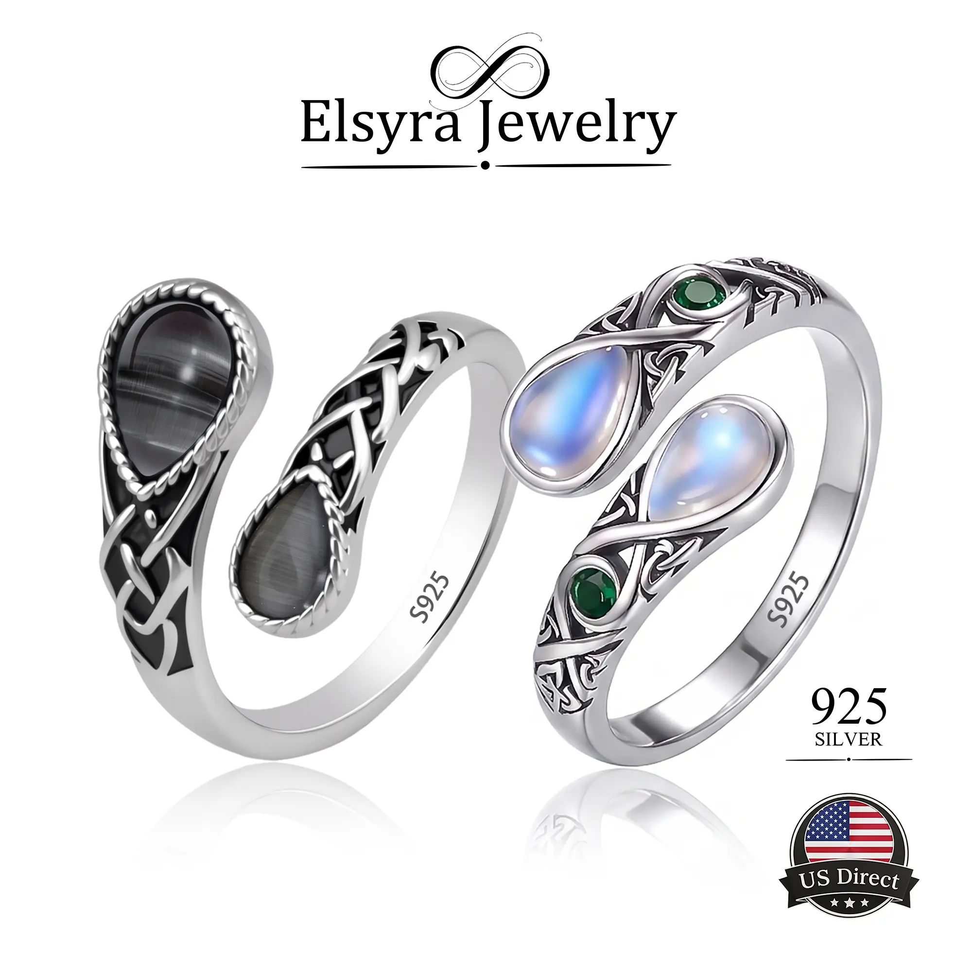 ELSIRA S925 Sterling Silver Rainbow Moonstone or Cat’s Eye Adjustable Celtic Knot Open Thumb Ring - Unisex Adults’ Vintage Statement Jewelry