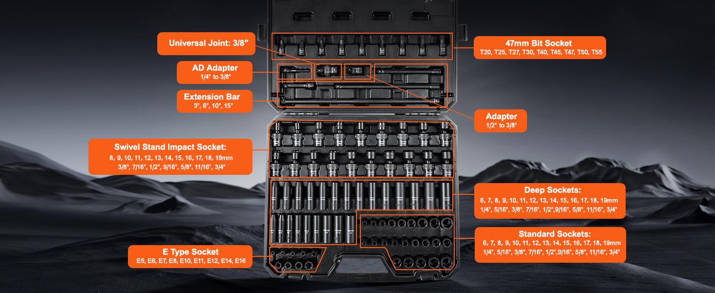 VEVOR 3/8" Drive Impact Socket Set, 90 Piece SAE 1/4"-3/4" and Metric 6-19mm Socket Set, 6 Point Cr-Mo Alloy Steel for Auto Repair, Includes Extension Bars Universal Joint Adapter Lock Storage Case VEVOR 3/8" Drive Impact Socket Set, 90 Piece SAE 1/4"-3/4" and Metric 6-19mm Socket Set, 6 Point Cr-Mo Alloy Steel for Auto Repair, Includes Extension Bars Universal Joint Adapter Lock Storage Case