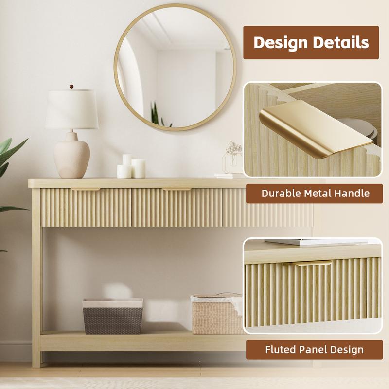 Aowos 51"Fluted Console Table with Storage, Entryway Table Sofa Table with 3 Drawers and Open Shelf, Modern Narrow Display Shelf for Hallway Living Room Aowos 51"Fluted Console Table with Storage, Entryway Table Sofa Table with 3 Drawers and Open Shelf, Modern Narrow Display Shelf for Hallway Living Room