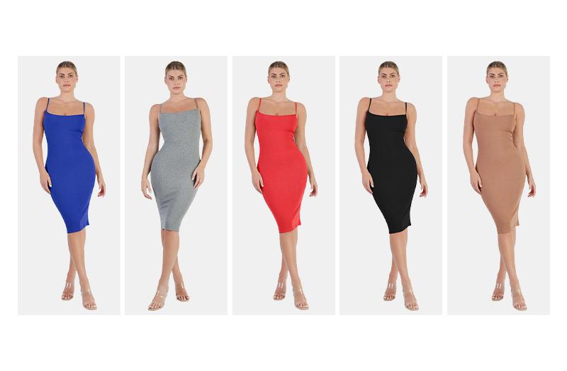 Popilush Slip Midi Dress Built-In Shapewear Spaghetti Straps Tummy Control Bodycon Sexy Casual Fabric
