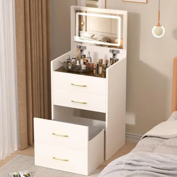Bellemave 3 in 1 Vanity Desk with open Top Mirror,Small Make Up Vanity Set with Visible Glass Desktop,Compact Makeup Vanity with 3 Drawers,Dressing Table for Bedroom