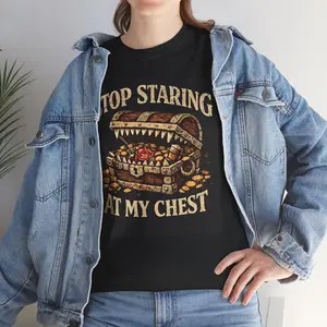 Stop Staring At My Chest Funny DnD T-Shirt | Dungeons and Dragons Mimic Parody Dice Tabletop RPG Gift