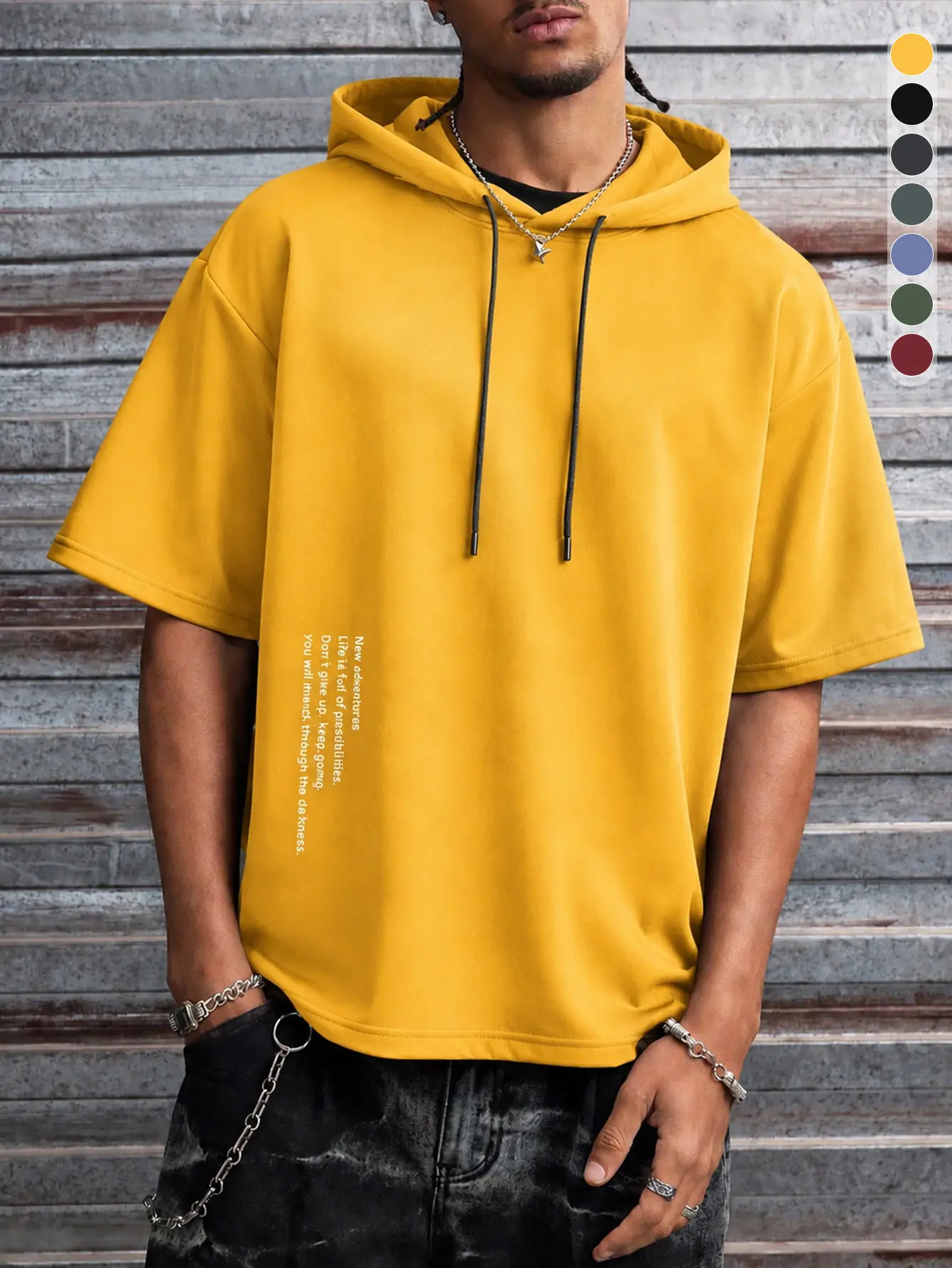 Men’s yellow short-sleeve hoodie Street high street Casual sporty style Oversized fit Mature casual commuter style Summer versatile piece Street high street Street high street Street high street