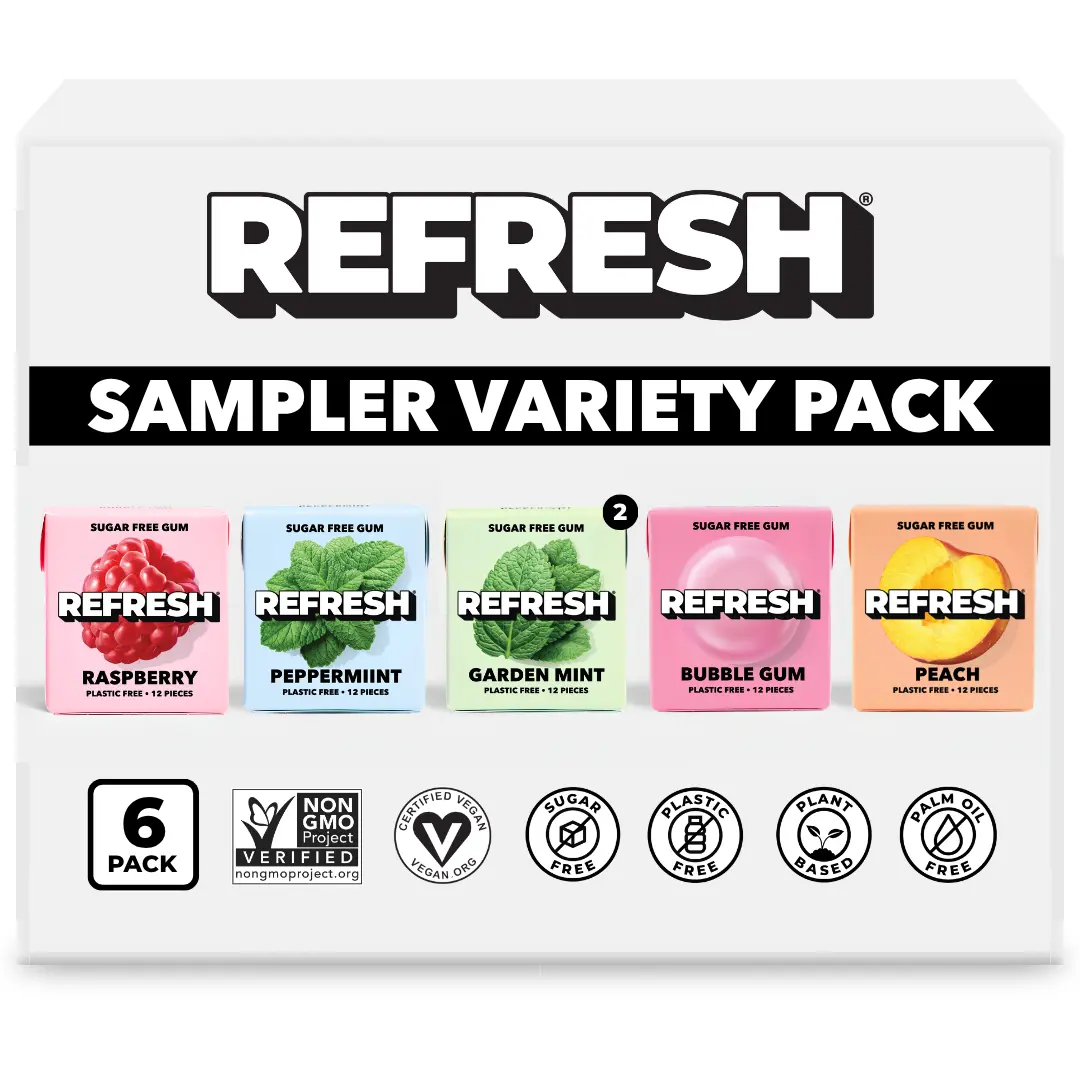 Refresh Gum Sampler Variety Pack Sugar Free Chewing Gum - Xylitol, Plant Based, Synthetic Free, Vegan & Non GMO Organic Natural Fruit Flavor
