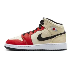 Youth Air Jordan 1 Mid Muslin/Chili Red-Black-White (GS)