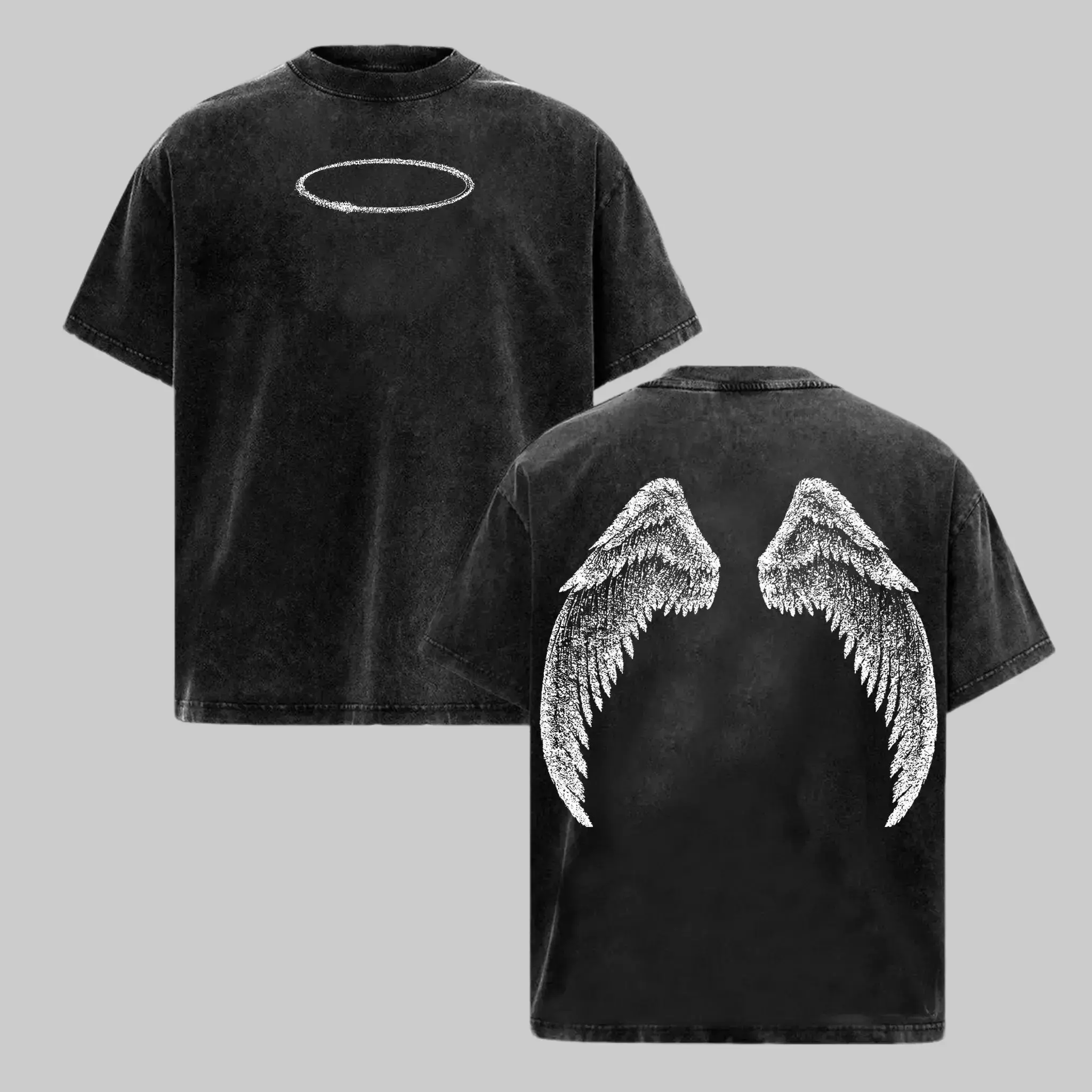 Y2K Gothic Halo Wing  – Dark Vintage Oversized shirt | Washed Halo & Wing Graphic T-Shirt | Grunge Streetwear Aesthetic