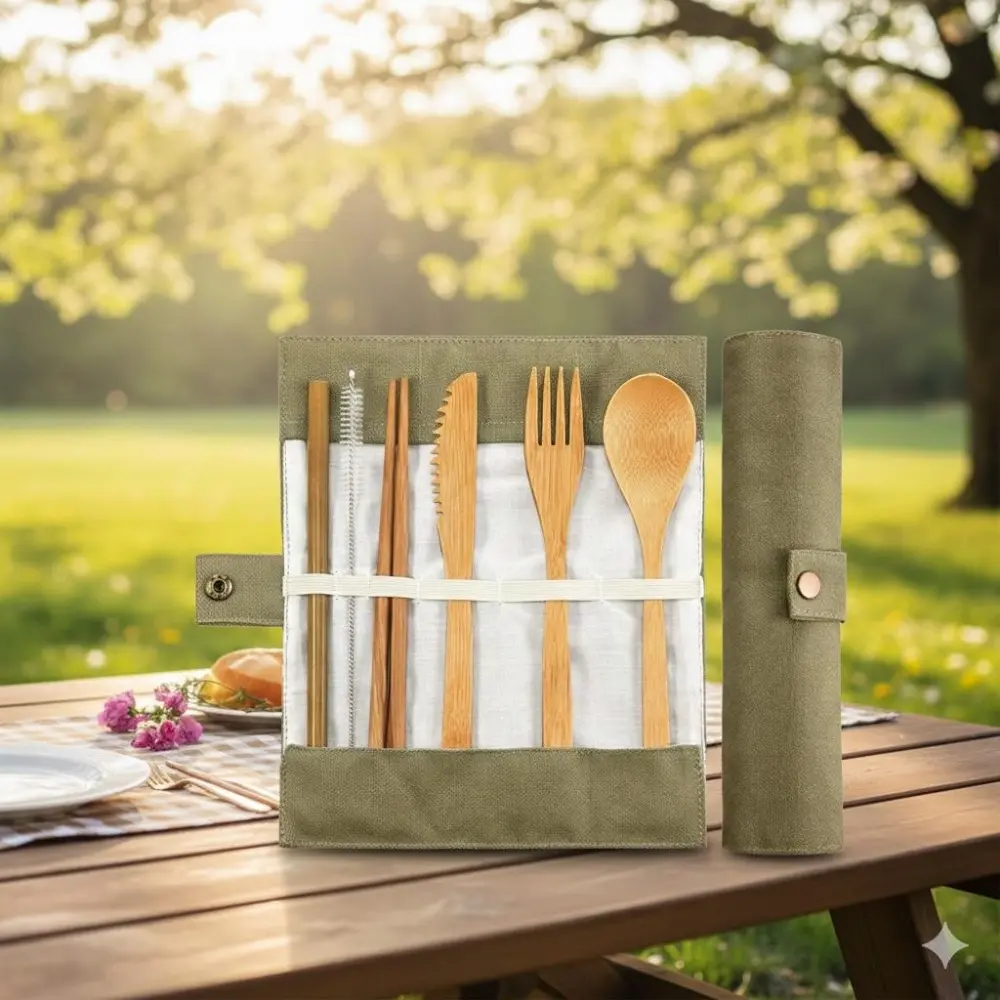 Eco-Friendly Bamboo Travel Utensil Set with Charcoal Brush | Reusable, Portable & Durable Camping Cutlery for Outdoor Picnic | Food Grade, Lightweight, Anti-Mold 4-Piece Kit Outdoor Camping Supplies