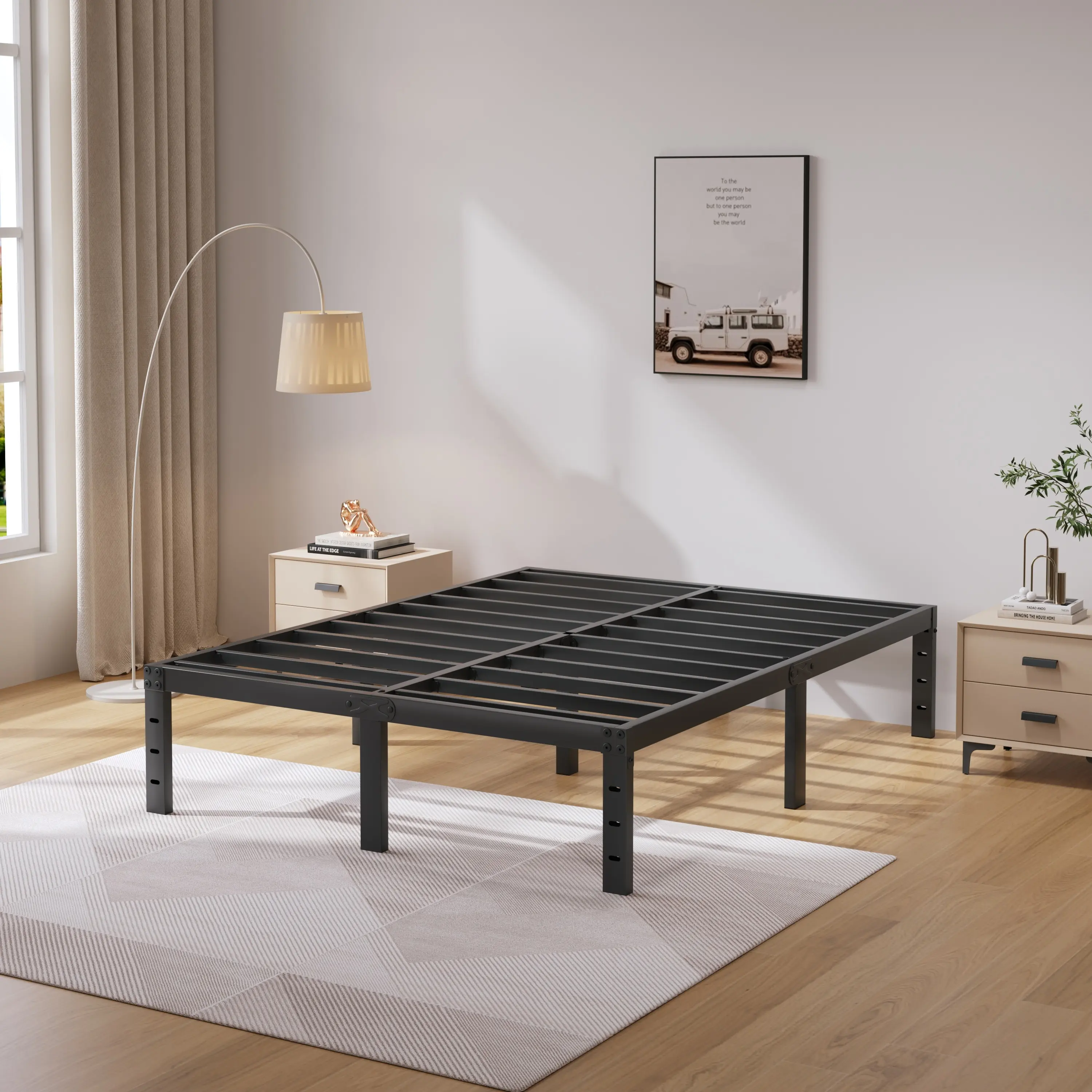 14-Inch Tall Heavy Duty Black Steel Minimalist Platform Bed Frame, Slatted Bed Base, Noise-Free, Easy Assembly, No Box Spring Needed, Modern Bedroom Furniture, Bedroom Furniture, Platform Bedframes