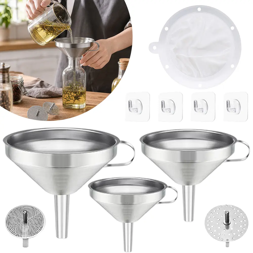 3PCS Stainless Steel Funnels for Kitchen Use, Food Grade Cooking Funnel with 3 Strainer, Kitchen Funnel Set Metal Funnels for Filling Bottles