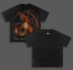 PokemonAnime Double Printed Vintage Washed Tee Unisex Oversize Heavyweight Cotton T-shirt for Anime Fans and Lovers