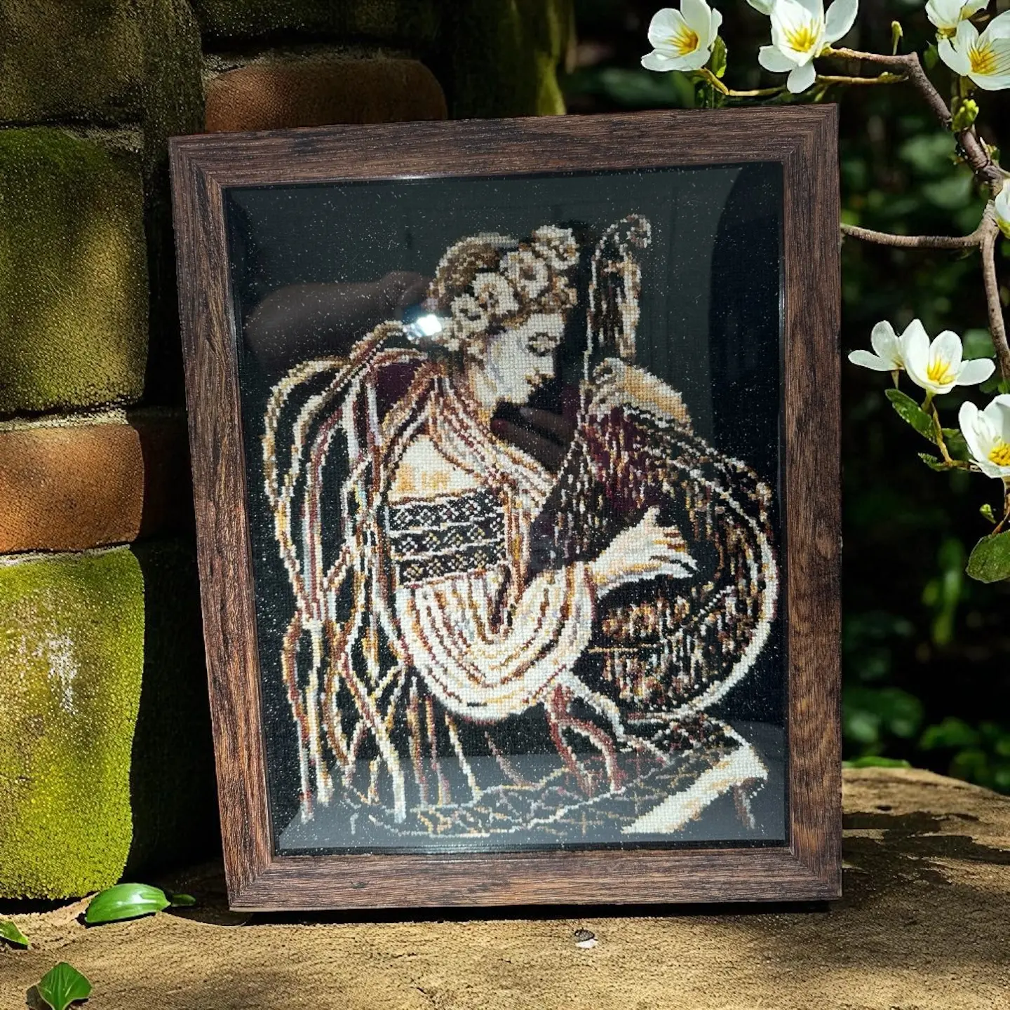 Embroidered Picture "Ukrainian Bandurist" - Acrylic Artwork in Delicate Cross-Stitch Style - Hand-Washed & Framed for Wall Display - 16x13 Inches Decor Painting
