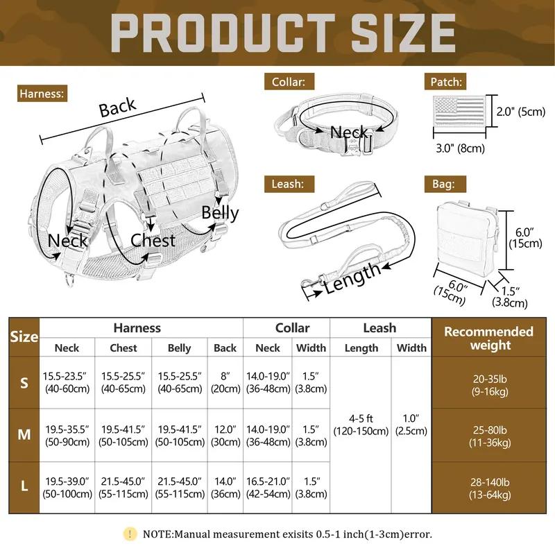 Military Tactical Dog Harness Collar Leash Set with Pouches Flags Durable Camo Vest for Training & Hiking